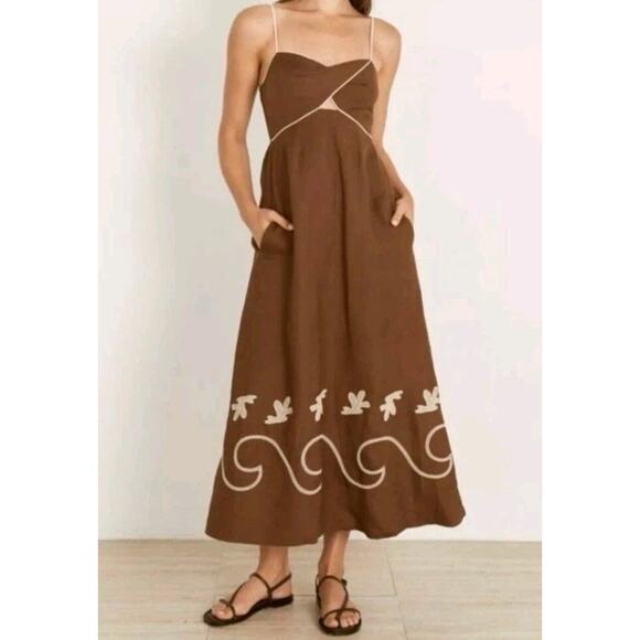 Mon Renn Fresco Embroidered Hemline Sundress Maxi Dress Linen Blend Small - Picture 2 of 11